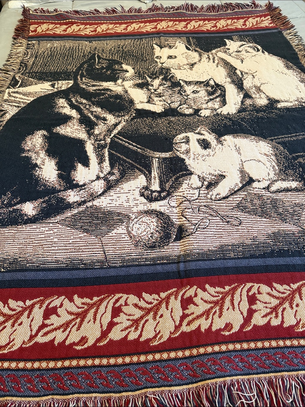 Vintage Cottagecore 100% Thick Cotton Tapestry Style Fringed Throw, 65”x48”